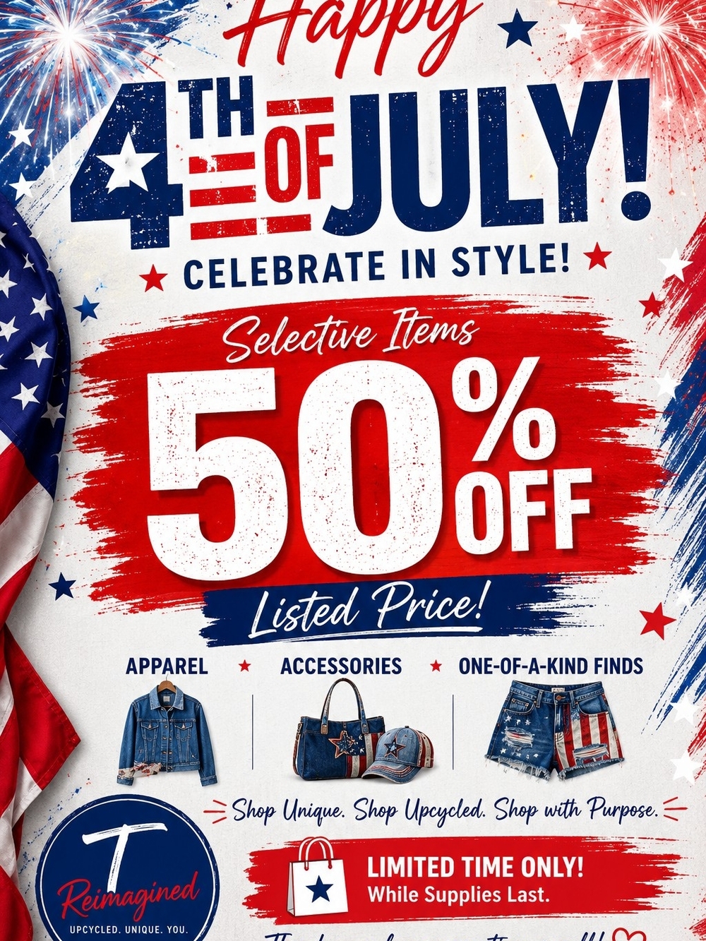 4th of July 50% Off Sale Poster - Patriotic Red White Blue